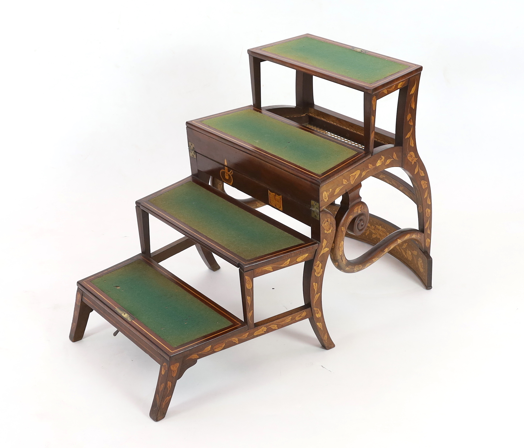 An early 19th century Dutch walnut and marquetry metamorphic library steps chair